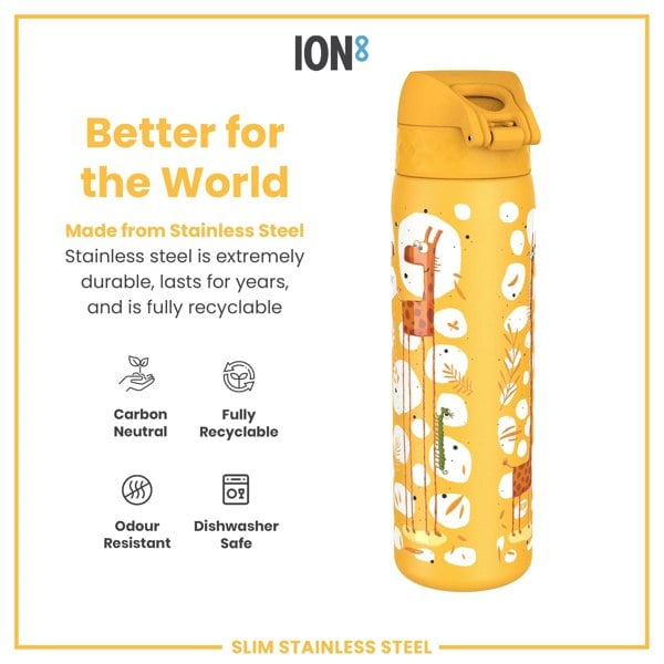 A yellow stainless steel water bottle, featuring a cartoon animal design, sits against a white background; it is described as better for the world, carbon neutral, fully recyclable, odour resistant, and dishwasher safe.