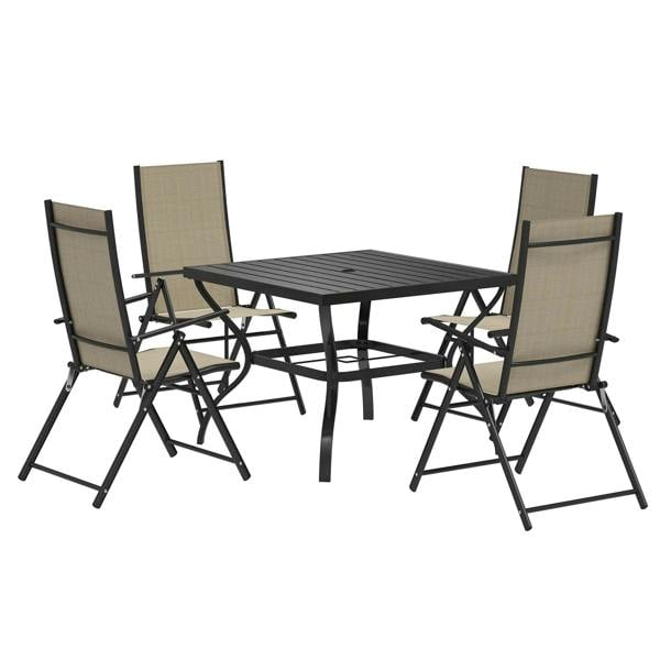 Five-piece patio dining set with khaki fabric chairs and black steel folding table