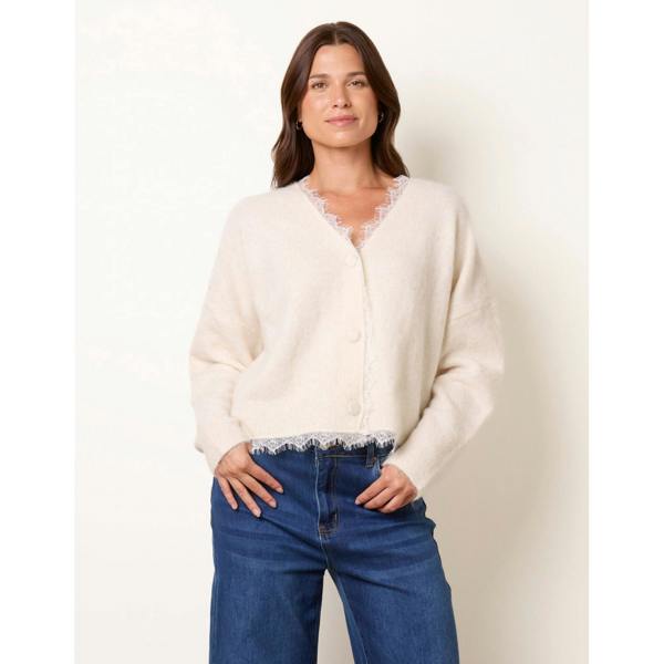 Blue Vanilla Lace Trim V Neck Knitted Cardigan