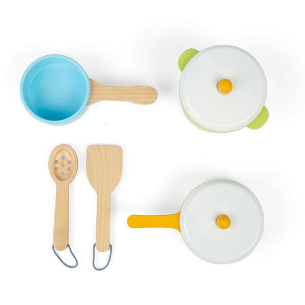 Bigjigs Toys Wooden Pots & Pans Set - Includes 3 Pots, 2 Lids And 2 Cooking Utensils