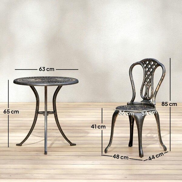 3 Piece Patio Cast Aluminium Bistro Set Garden Outdoor Furniture Table and Chairs Shabby Chic Style, Bronze Tone