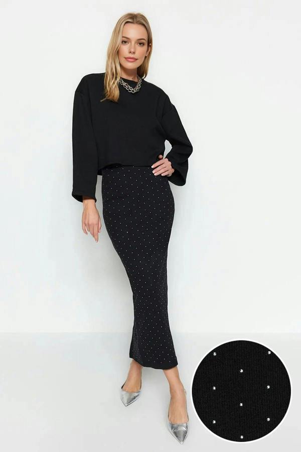 WOVCOR Midi Knit Skirt with Stone Accessory Detail