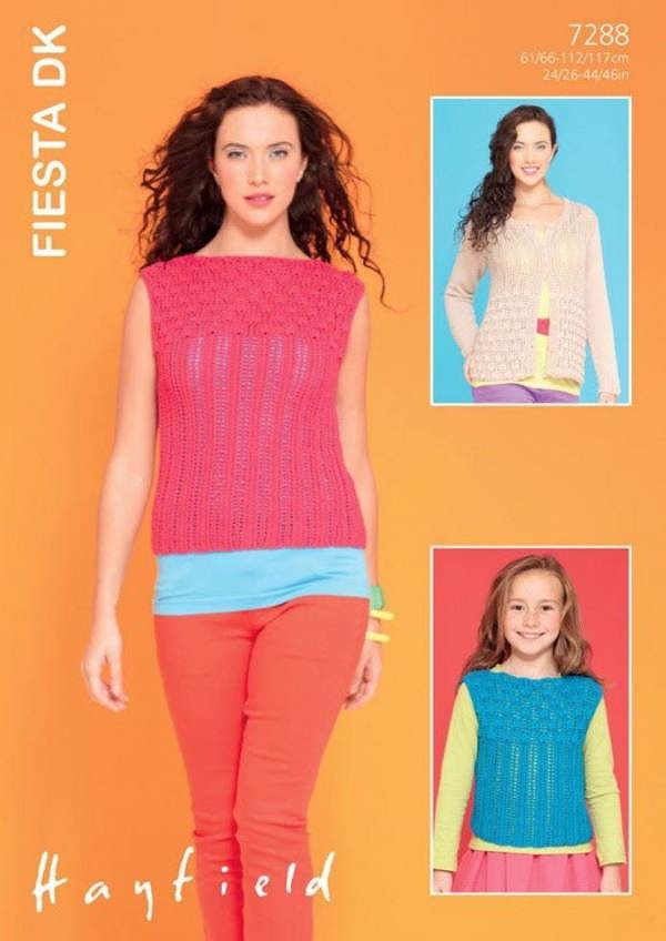 Hayfield Fiesta Knitting Pattern 7288, Tops, Cardigans for Kids, Women, 24 - 46 Inches - Advanced