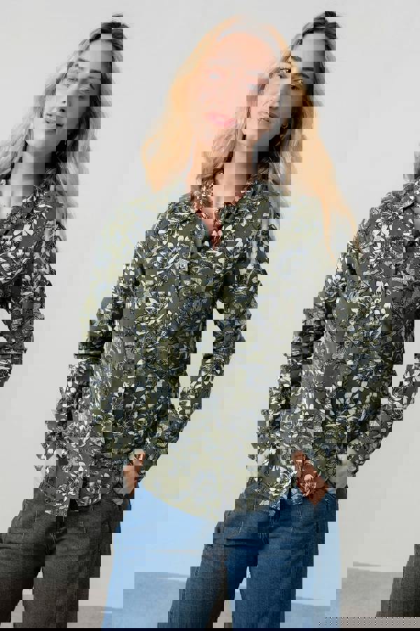 Lily & Me Patsy Cotton Pincord Floral Shirt Moss