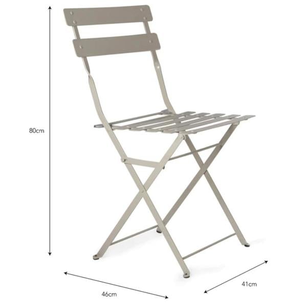 Studio diagram of a single clay-coloured metal folding bistro chair showing the height as 80cm, width as 41cm, and depth as 46cm.
