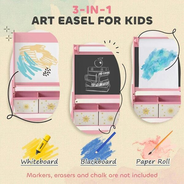 Art Easel for Kids, Double-Sided Whiteboard/Blackboard with Paper Roll, Two Storage Boxes, for Ages 3-8 Years, Pink