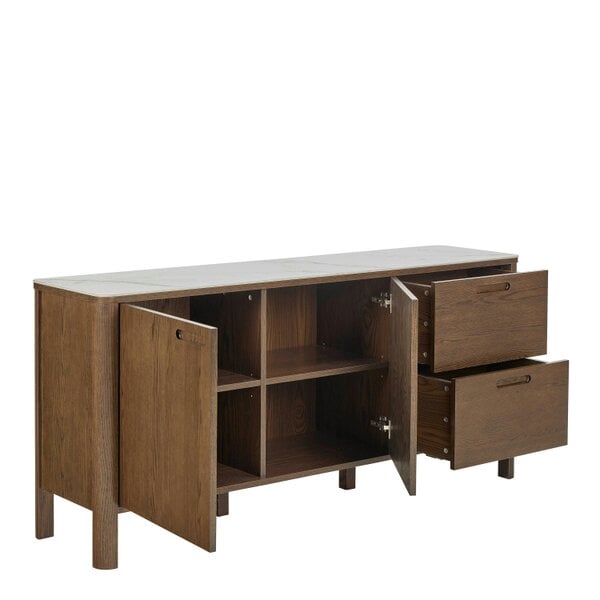 Wyld Haus Cork  Oak Veneer Sideboard with Cream Ceramic Top 2 Doors 2 Drawers