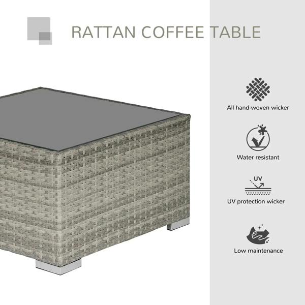 Light grey wicker rattan coffee table with grey glass top and sturdy metal legs
