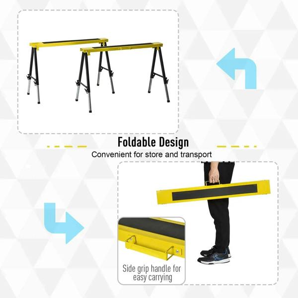 Foldable yellow and black sawhorse trestle stands with storage-ready design