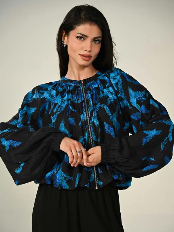 Rose & Nancy Lille Feather Print Black Zip Front Light Bomber Jacket