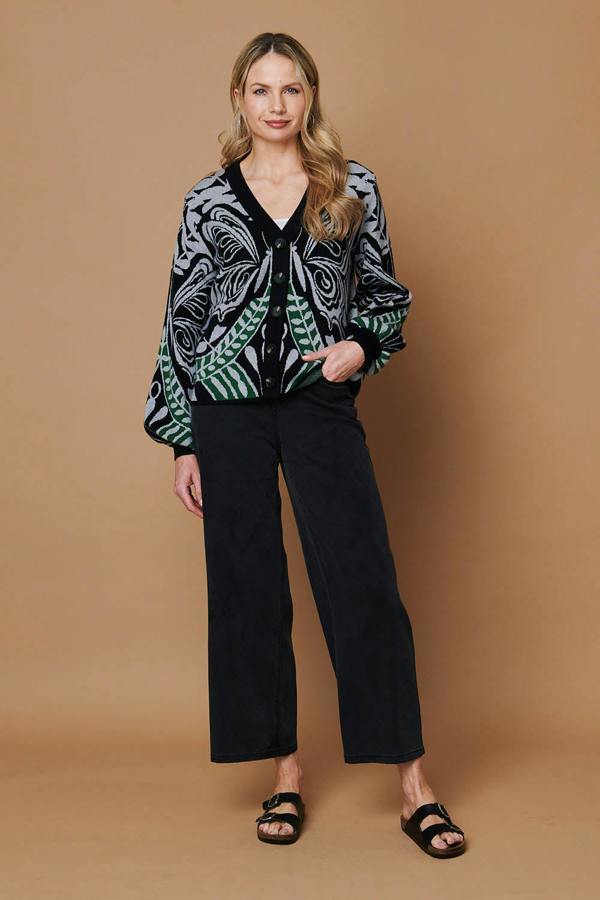 Black | Printed Long Balloon Sleeve Cardigan
