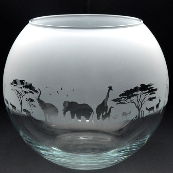 Glyptic Glass Art Safari Glass Flora Bowl Vase - Hand Etched/Engraved Gift