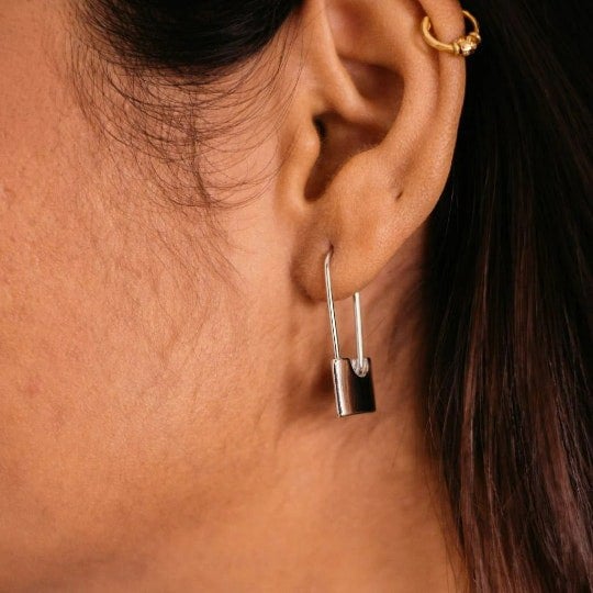 The Colourful Aura Gold and Silver Unique Safety Pin Drop Paperclip Dangle Hoop Earrings