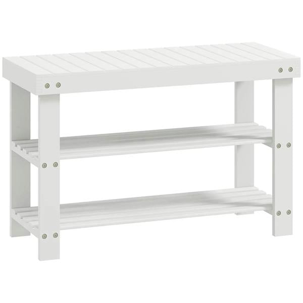 White bamboo shoe storage bench with two open shelves and flat top