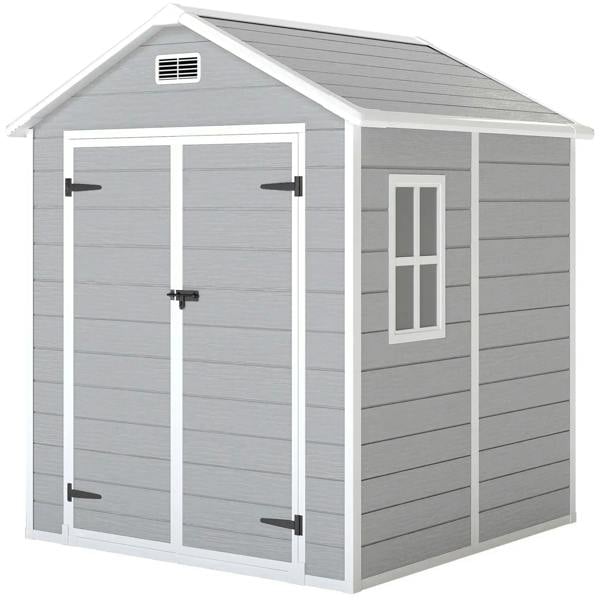 Light grey plastic garden shed with double lockable doors, side window, and roof vent