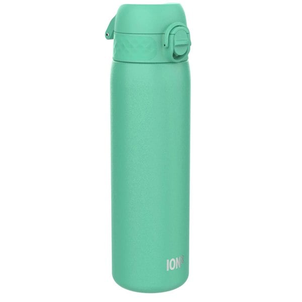 A teal water bottle with a flip-top lid featuring the text ION8 in a plain white background setting.