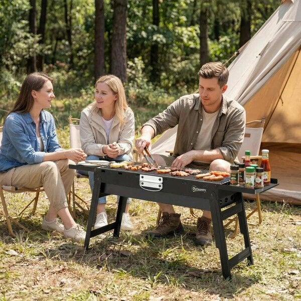 Bobobiy Portable BBQ Grill, Foldable Charcoal Grill for Camping and Picnics with 2 Side Shelves and Handle, Black