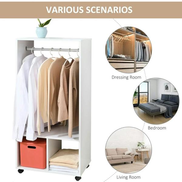 White open wardrobe with hanging clothes, lower shelves, and rolling casters