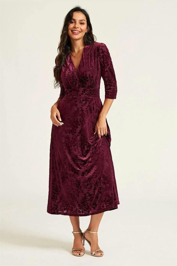 FS Collection Velvet Flock Wrap Neck 3/4 Sleeve Midi Dress In Wine