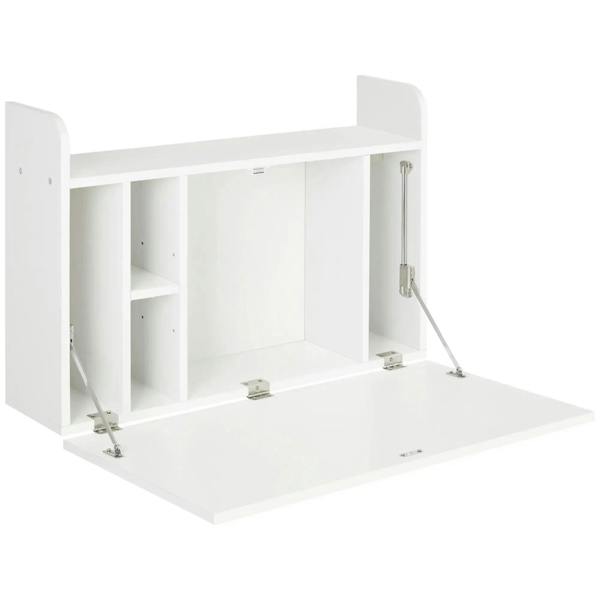 White wall-mounted drop-leaf laptop desk with open storage compartments and lift struts