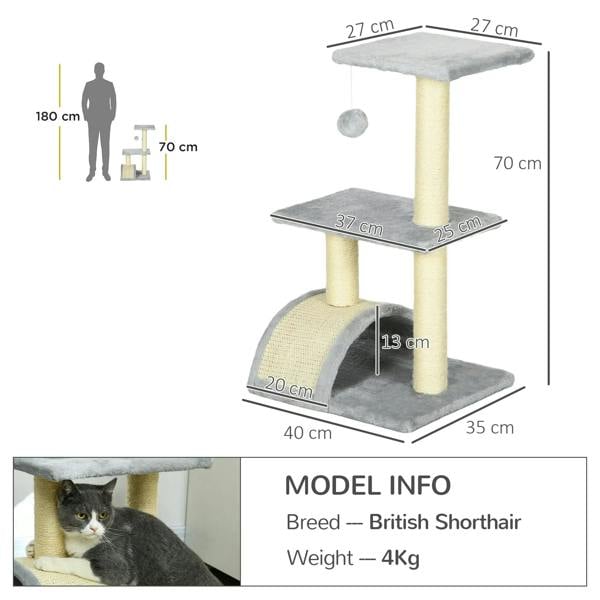 Light grey 72 cm cat tree diagram with dimensions for platforms and tunnel