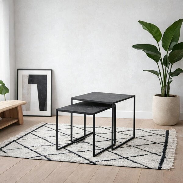 Wyld Haus Set of 2 Holbaeck Black Marble Effect Square Nesting Coffee Tables