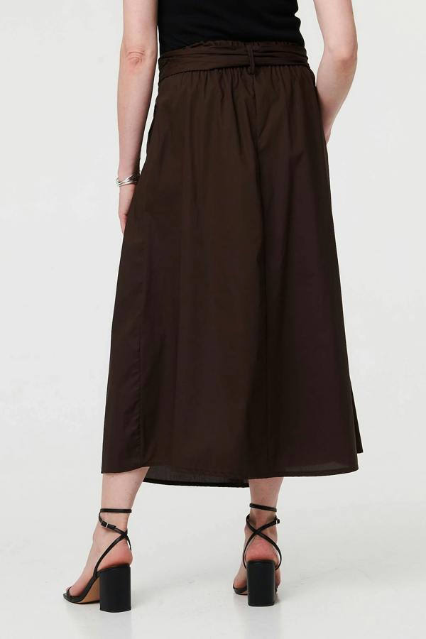 Brown | Tie High Waist Ruched Maxi Skirt