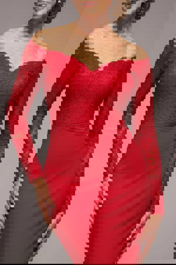 Scalloped Lace Bodice Long Sleeve Bardot Maxi Dress - Red DR4678M