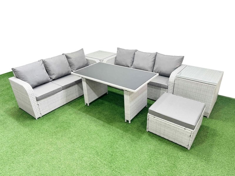 Fimous 7 Seater Rattan Outdoor Dining Table 3 Seater Sofa Set with 2 Side Tables Big Stool Light Grey