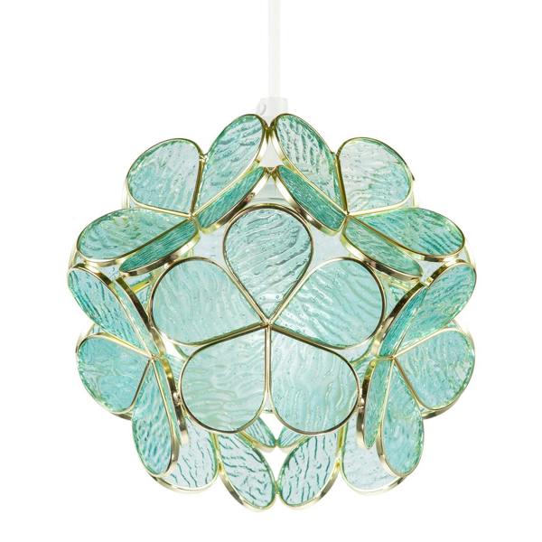 Floral Petal Pendant Light Shade with Teal Glass and Shiny Gold Frame Image 5