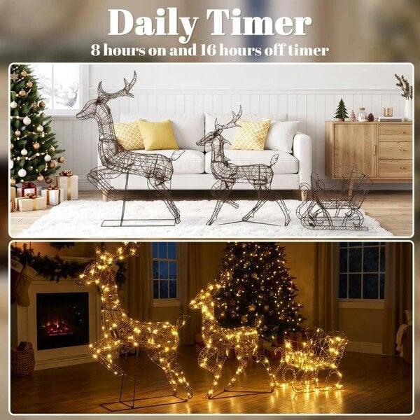 Bobobiy 3-Piece Lighted Reindeer and Sleigh Set, PP Rattan Outdoor Christmas Decoration with LEDs, 8 Modes, Daily Timer