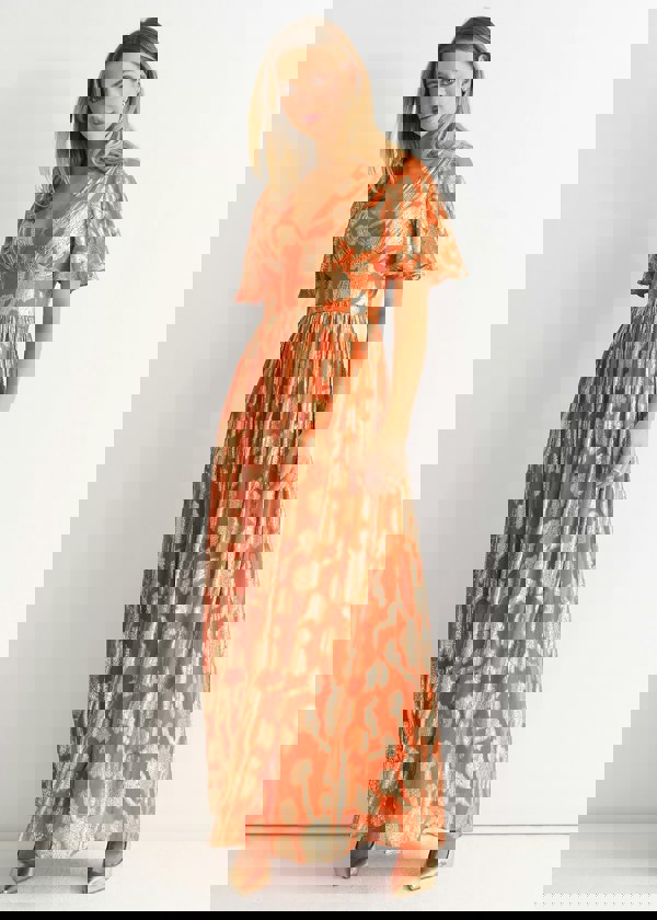 Gini London Orange Metallic Jacquard Flutter Sleeves Floral Maxi Dress