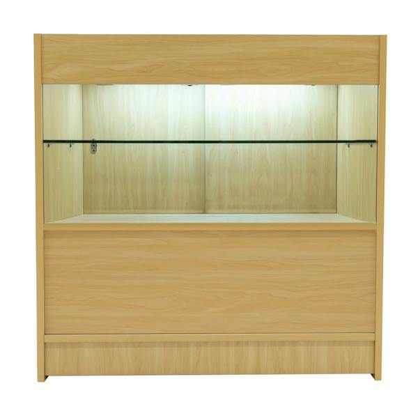 Maple wood Phoenix LED shop counter set featuring a glass shelf, illuminated interior, and sleek design for retail display