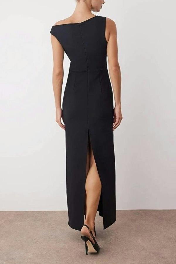 WOVCOR Asymmetrical Collar Maxi Elegant Evening Dress with Accessory Detail