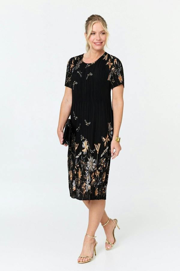 Black | Floral Pleat Texture Midi Shift Dress