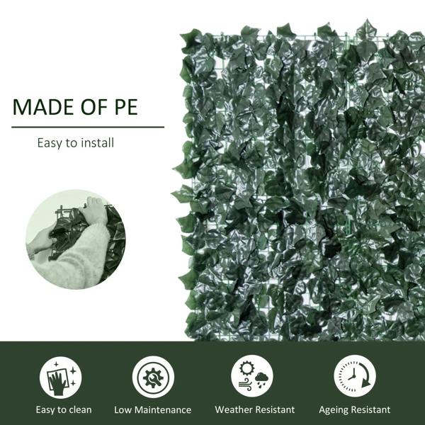 Artificial leaf hedge privacy fence panel section with dense dark green leaves