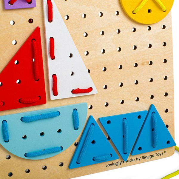 Bigjigs Toys Wooden Geometric Lace-A-Shape Game - Includes 44 Lacing Cards & 6 Laces