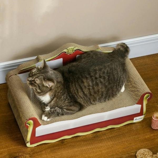 Cat cardboard scratcher lounge sofa bed with gray cat stretched on beige scratching surface