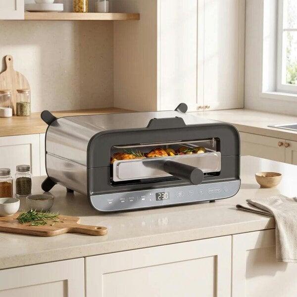 3-in-1 Electric Mini Oven, Long Slot Toaster and Tabletop Grill, with LED Display, 60 Min Timer, Stainless Steel, 1700W - Silver Tone