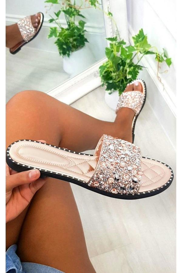 Sofie Embellished Slip On Sandals - Champagne