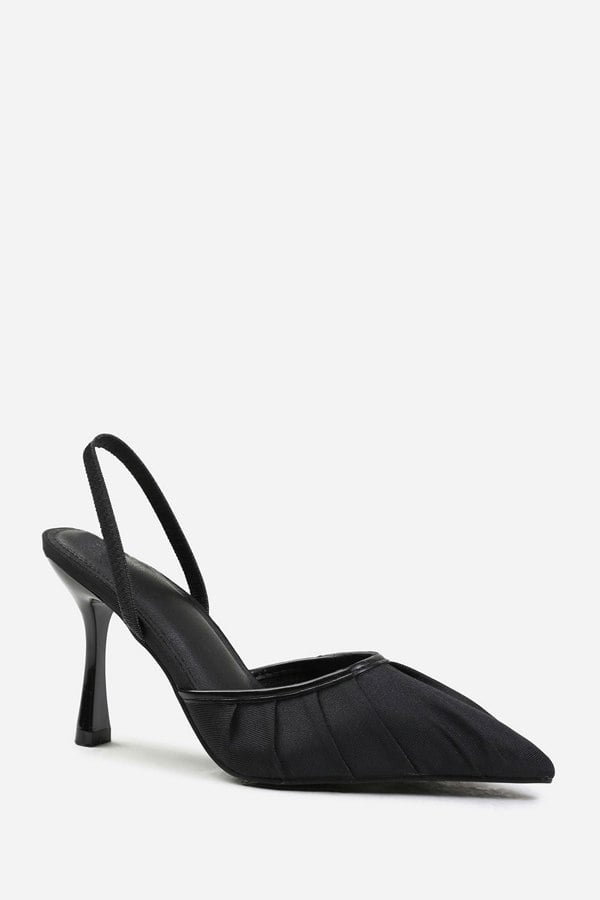 Where's That From Maldives Wide Fit Pointed Toe Heels With Strap in Black Satin