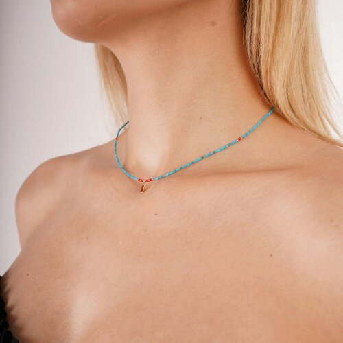 Spero London Turquoise Beaded Sterling Silver Red Gemstone Necklace