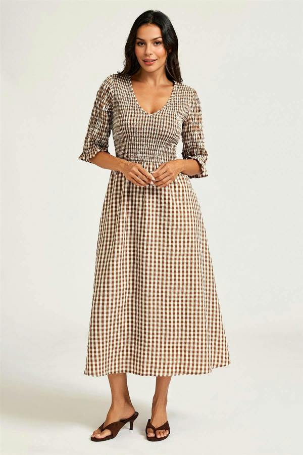 FS Collection Check Print V Neck Half Sleeve Midi Dress In Brown