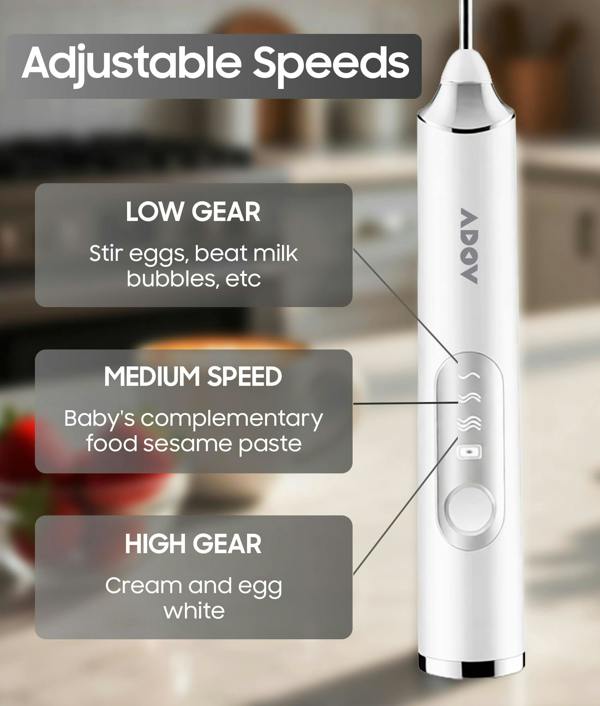 ADOV Rechargeable Handheld Milk Frother, 3-Speed Electric Coffee Whisk with 2 Heads for Latte, Cappuccino and Matcha