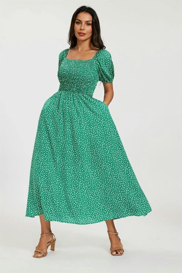 FS Collection Floral Print Short Sleeve Midi Dress In Green