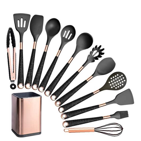 Anygleam Nonstick Kitchen Utensils Set Black 12pcs Gold Plated Handle with Support Storage Box Heat Resistant Cooking Tools Accessories
