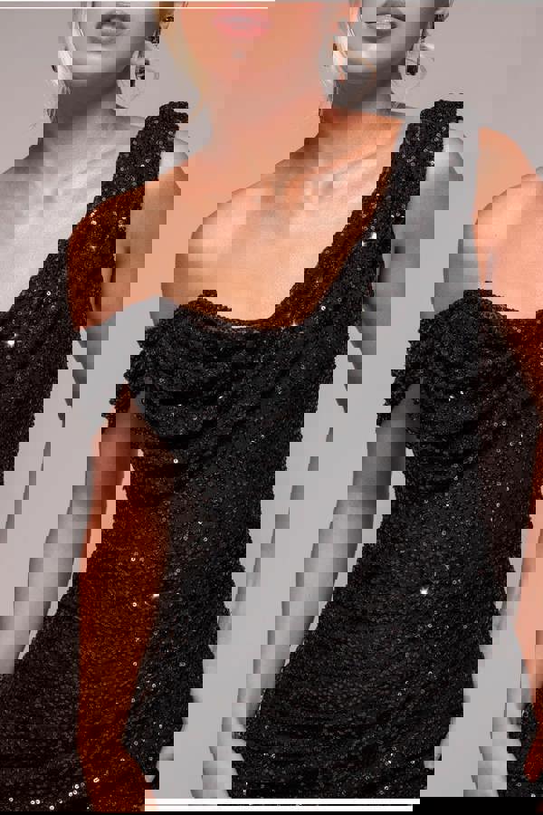 Sequin Cowl One Shoulder Midi Dress - Black DR4529