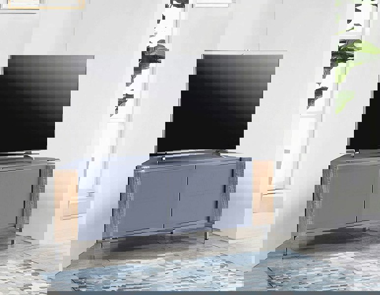 MDA Designs CORVUS Corner-Friendly Grey BeamThru Glass Doors with Walnut Profiles Contemporary Cabinet for Flat Screen TVs up to 50"