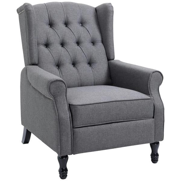 Light gray wingback recliner armchair with button-tufted back and padded arms