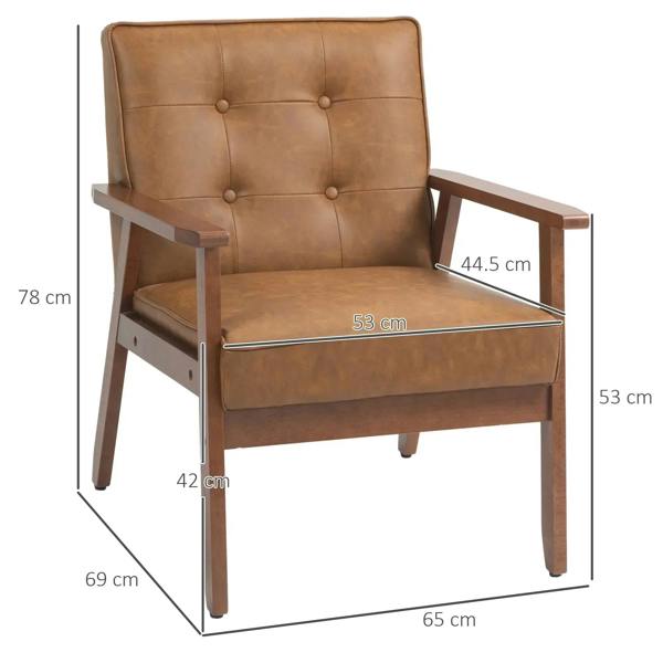 Brown accent chair with tufted back and padded seat, shown with size markings.